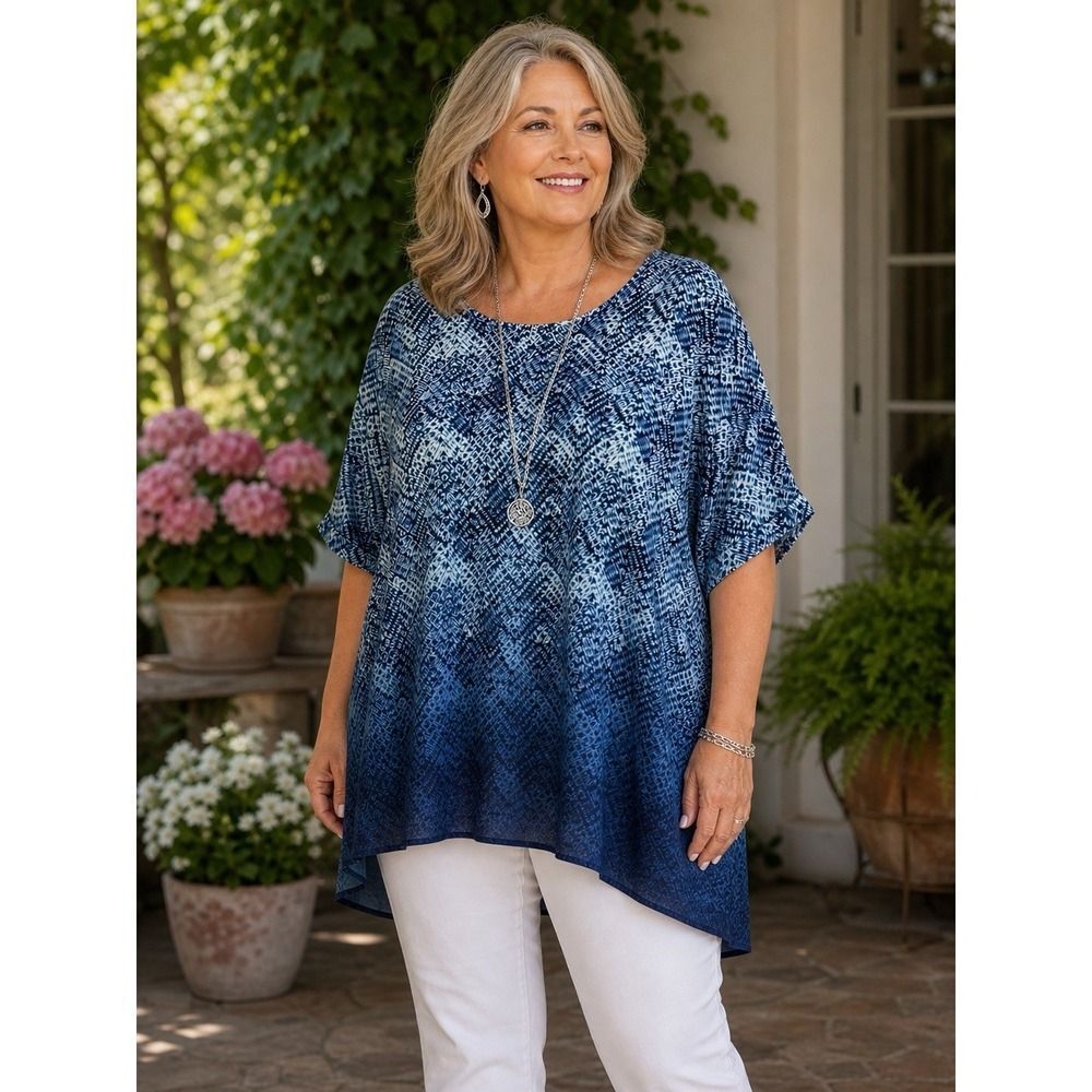 Catherines Blue Geometric Tunic Top Flowy Blouse Beach Casual Relaxed 2X /22/24W